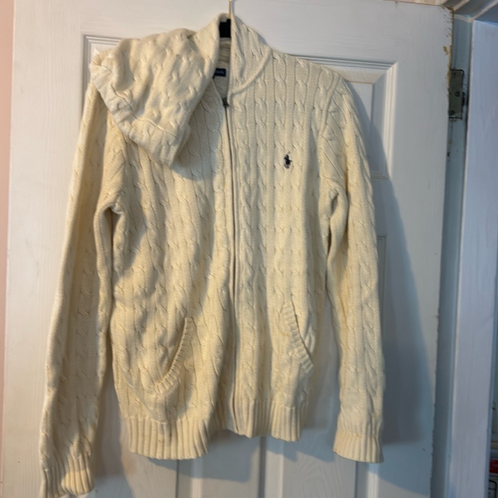Ralph Lauren zippered hooded cable knit sweater.